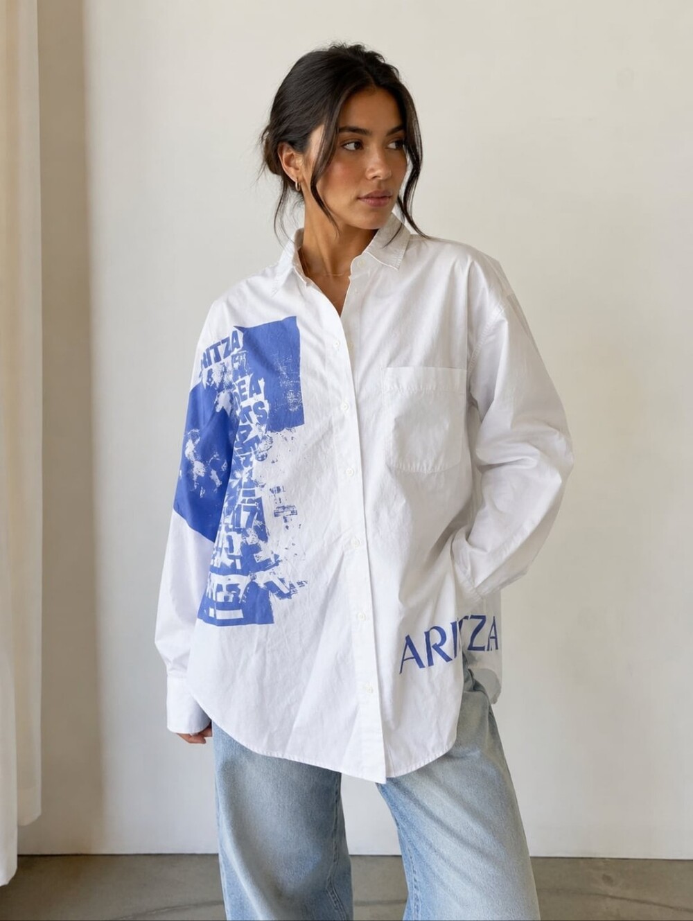Aritzia NWOT White Button-Down Shirt with Blue Graphic Print Cotton